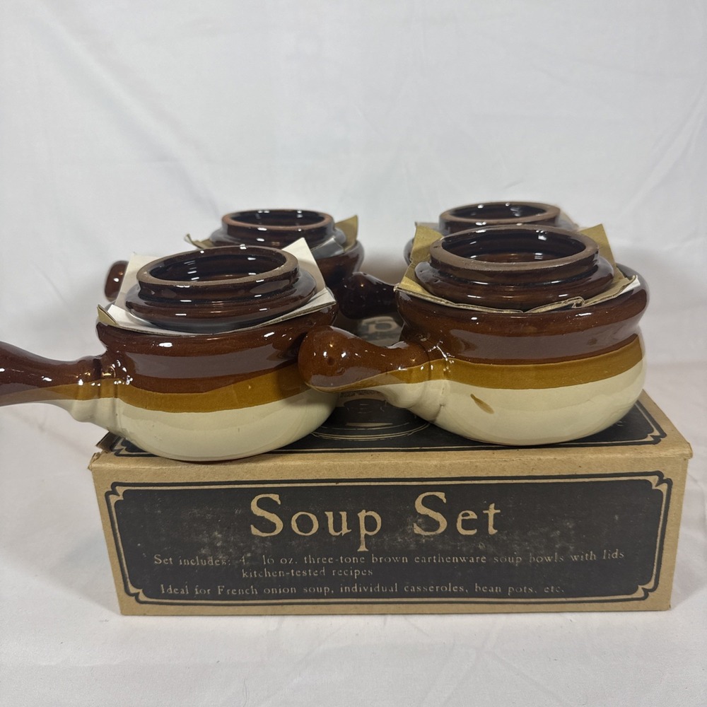 Vintage Hoan Soup Crocks with Handles & Lids Set of 4 Brown Stoneware 1982 Box